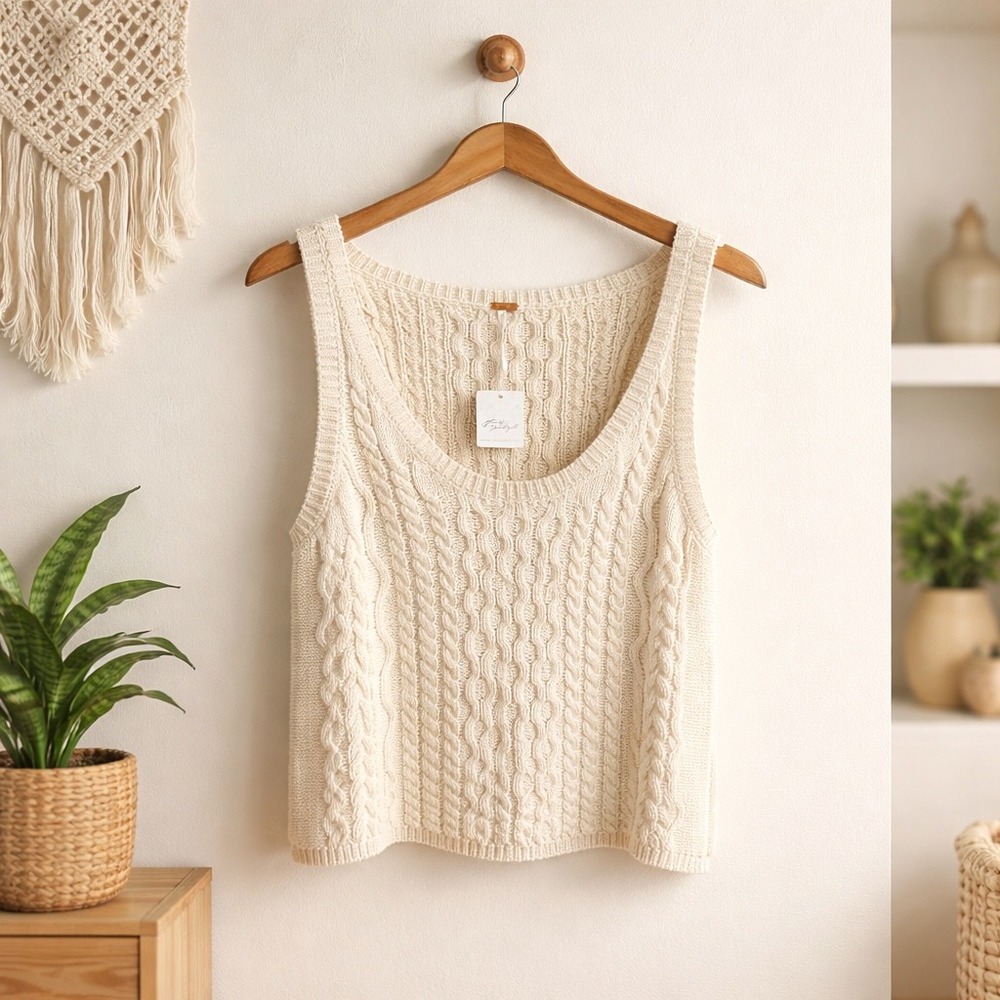Free People Cable Knit Tank Sweater Cream Women's M NWT Boho Coastal Cottagecore